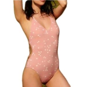 WET Swimwear LA Rose Stars One Piece Back Tie Swimsuit Pink/White Size Small